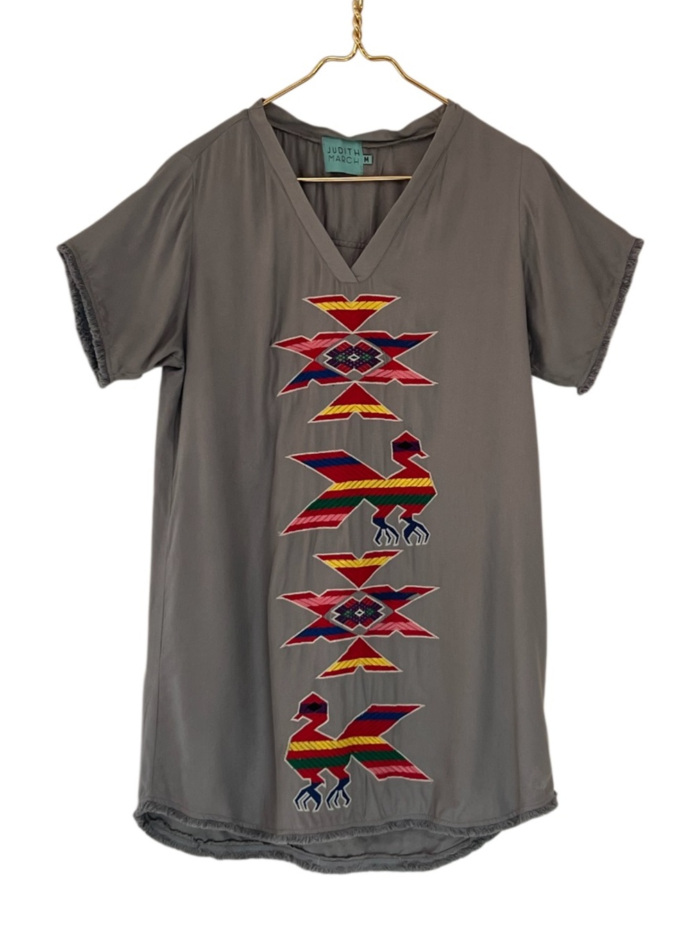 Judith March Gray Embroidered Bird Boho Tunic Dress Viscose M
